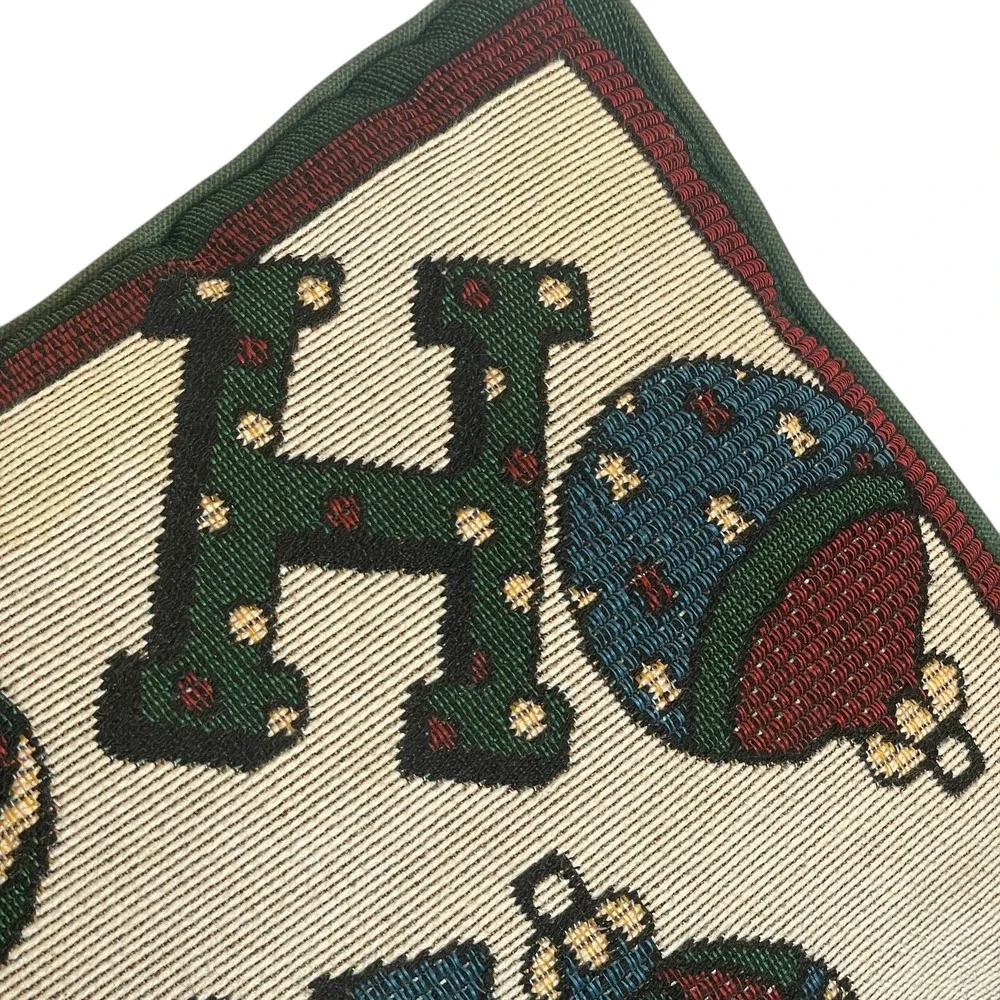 Christmas Tapestry Accent Pillow 8x12 Ho Ho Ho‎ Ornament Green Maroon Festive